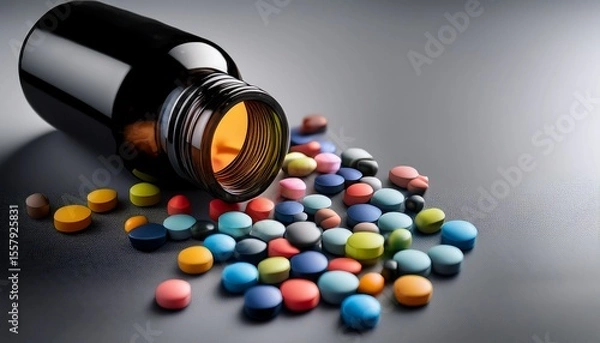 Fototapeta a dark bottle rests on a gray surface surrounded by a scattering of colorful pills creating a mysterious and intriguing scene