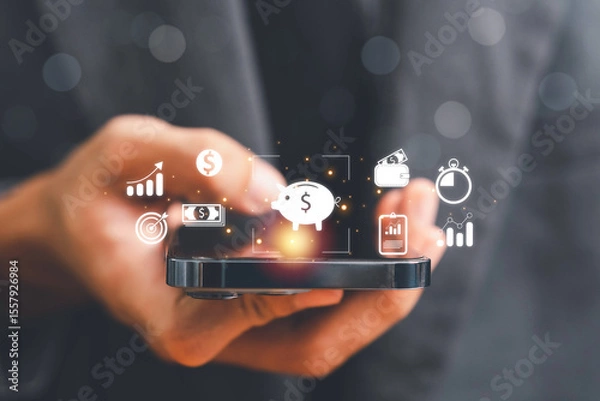 Fototapeta finance and investment concept, invest money, fundraising, ROI return on investment, Interest rate and dividend concept, Businessman is calculating income and return on investment in percentage.