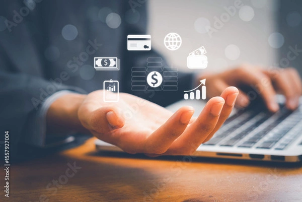 Fototapeta finance and investment concept, invest money, fundraising, ROI return on investment, Interest rate and dividend concept, Businessman is calculating income and return on investment in percentage.