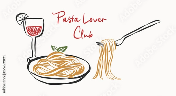 Fototapeta Whimsical doodles of pasta. Vintage icons with la dolce vita aesthetic in crayon and sketch style. Trendy art for menus and restaurant poster. Outline quirky vector illustration