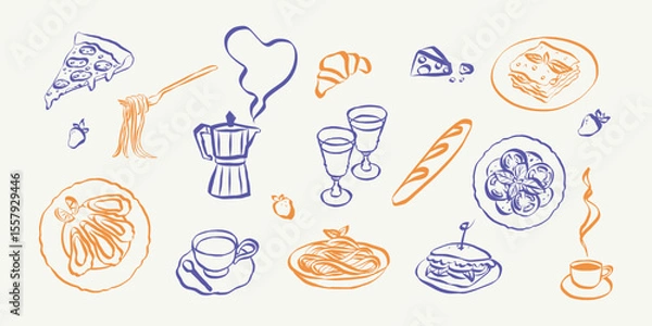 Fototapeta Whimsical italian food doodles. Whimsical icons of Italian food in simple crayon and sketch style. Trendy art for menus and dinner brunch invitations. La dolce vita vector illustration