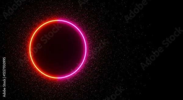 Fototapeta Abstract background with vibrant neon circle and scattered particles, Cosmic glow and shimmering dust around a luminous ring in a dark space backdrop