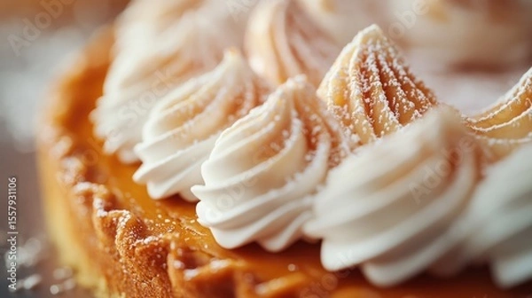 Fototapeta Close-up of a Delicious Pumpkin Pie Topped with Whipped Cream and a Light Dusting of Powdered Sugar