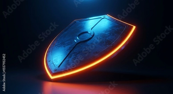 Fototapeta Futuristic Shield with Neon Edge: Defense in the Digital Age, A Glowing Barrier: Cyberpunk Shield Design with Vibrant Orange Outline