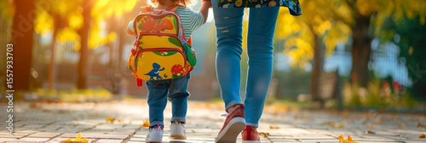 Obraz Young child walking hand in hand with mother toward preschool on a bright early fall morning