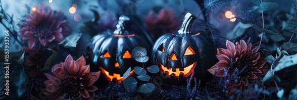 Obraz Elegant Black Jack-O'-Lanterns with Dark Floral Accents and Space for Text