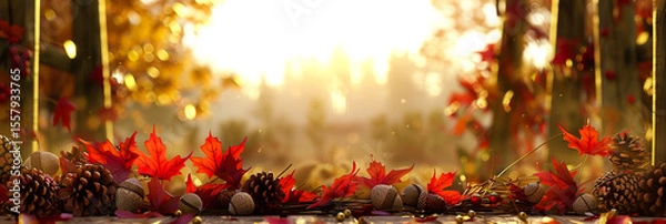 Obraz Red maple leaves framing blurred park path with soft autumn light