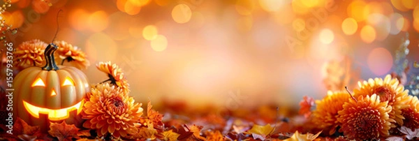 Obraz Pastel jack-o'-lanterns and cosmos flowers in dreamy autumn garden with central space