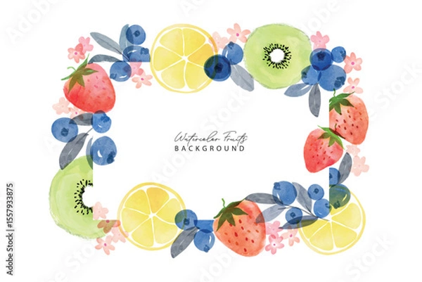 Obraz Set of summer fruits watercolor art pattern frame background. Sweet kiwi, strawberry, blueberry and lemon in frame.Summer fruits pattern. Fruit berry background. Watercolor fruit texture