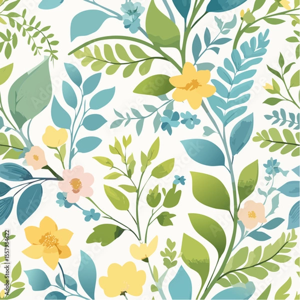 Fototapeta Elegant botanical vector pattern, hand-drawn style, delicate leaves and flowers with a soft.