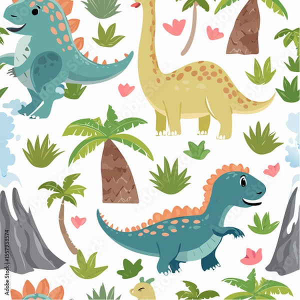 Fototapeta  Playful dinosaur seamless vector pattern, cute baby dinos with palm trees and volcanoes, pas