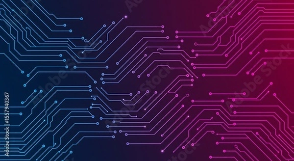 Fototapeta A futuristic abstract circuit board design with pink and blue wires on a dark background, Tech inspired backdrop with glowing circuit lines and nodes representing electronic connection