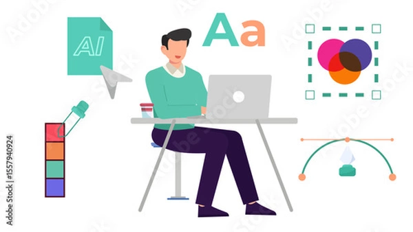 Fototapeta Flat Vector Illustration of Graphic Designer Working on Computer with Pen Tool, Color Picker, and Typography.