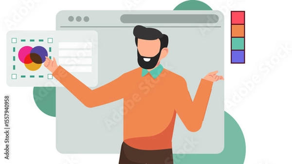 Fototapeta Flat Vector Illustration of Graphic Designer Working on Computer with Pen Tool, Color Picker, and Typography.