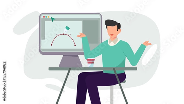 Fototapeta Flat Vector Illustration of Graphic Designer Working on Computer with Pen Tool, Color Picker, and Typography.