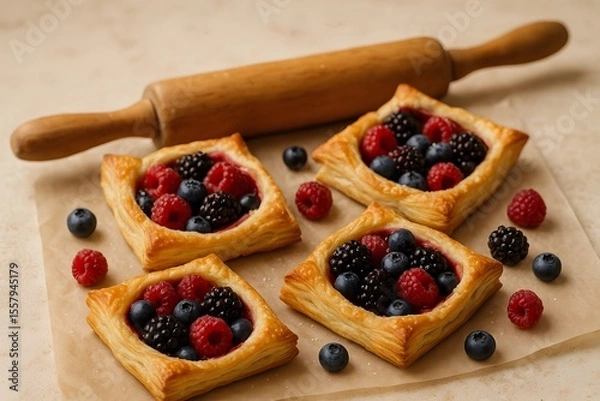 Fototapeta Delicious Berry Puff Pastries with Rolling Pin on Beige Surface Ready to be Enjoyed