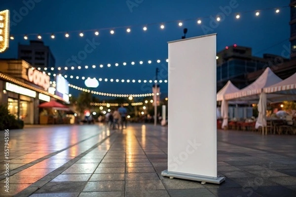 Fototapeta Ultra-realistic roll-up banner mockup at vibrant night market with neon lights, soft bokeh, ambient glow, dark twilight background, perfect for nightlife, concert, event branding.

