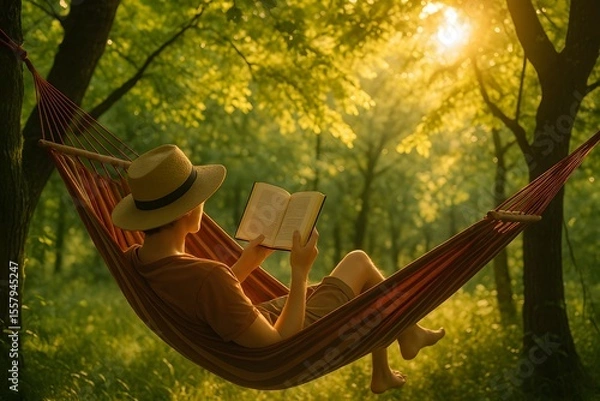 Fototapeta Person Reading a Book in a Hammock Under Sunlight Filtering Through Green Trees