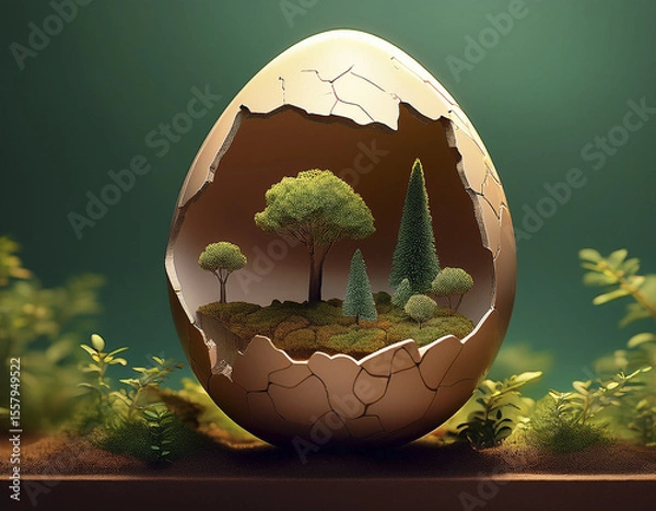 Fototapeta Miniature world inside a cracked egg, trees growing out