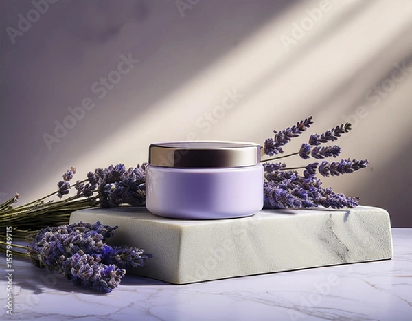 Fototapeta Product mock-up- Lavender cream jar on marble podium with flower shadows