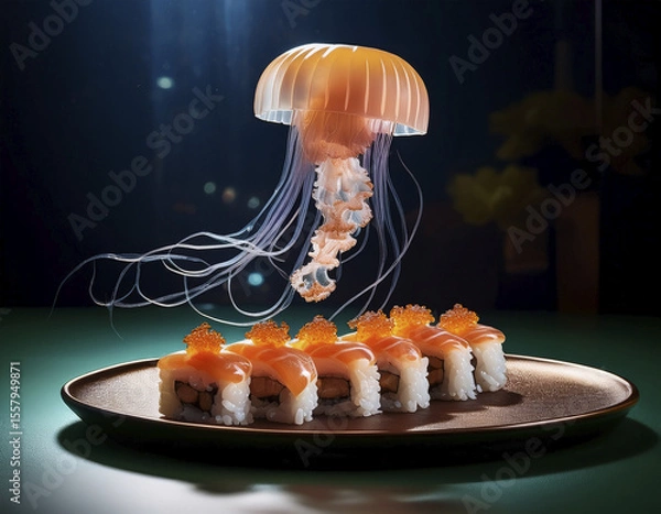 Fototapeta Surreal jellyfish hovering over a plate of sushi, cinematic lighting