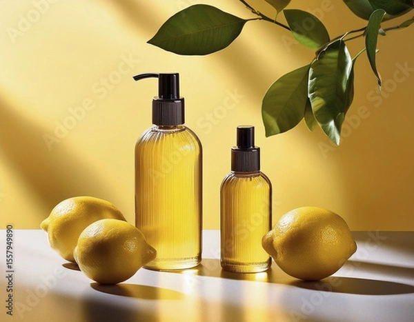 Fototapeta Shadow of a lemon tree cast behind minimal skincare bottles