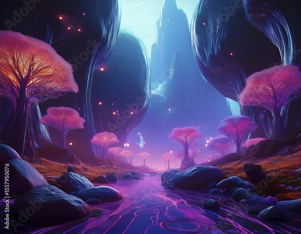 Fototapeta Vast valley with neon trees and giant floating stones