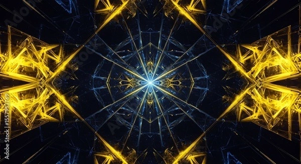 Fototapeta A mesmerizing display of geometric fractal patterns in vibrant yellow and blue hues,Abstract symmetrical fractal art with luminous lines and kaleidoscopic design elements