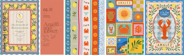 Obraz Italian Mediterranean print. Amalfi. Vector illustrations of lemons, lobster, crab, aesthetic invitation, seamless striped pattern, postage stamps for poster, background or greeting card