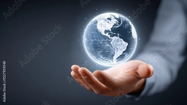 Fototapeta Global connectivity hands-on earth visualization digital realm conceptual art futuristic perspective