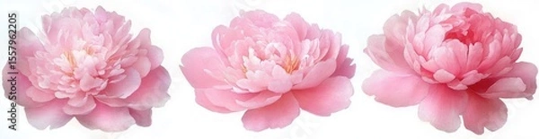 Fototapeta Three delicate pink peony flowers in full bloom with soft layered petals on a white background