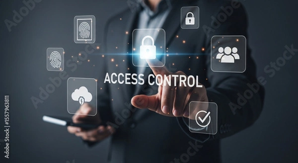 Obraz Man in suit interacting with access control interface featuring security icons and technology elements