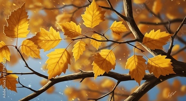 Fototapeta Golden autumn leaves on branches