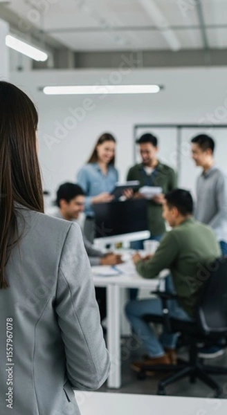 Fototapeta Group Collaboration in Modern Office Space with Diverse Team Members Engaged in Work Activities