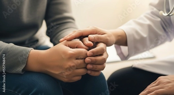 Fototapeta Doctor comforting patient, hands clasped together, showing empathy and support during a consultation.
