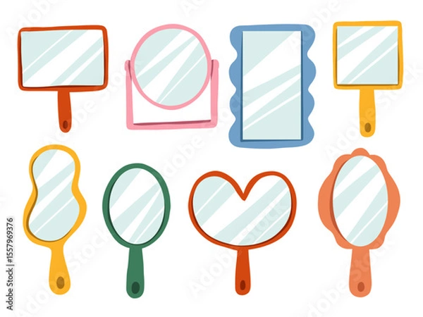 Fototapeta Whimsical Doodle Mirror Illustration. A playful set of 8 hand drawn mirrors in various shapes including oval rectangle and scalloped frames with soft reflections. Perfect for beauty themes stickers