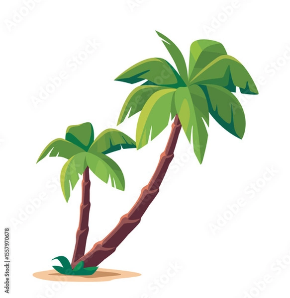 Fototapeta Two cartoon palm trees on sand island. Vector illustration