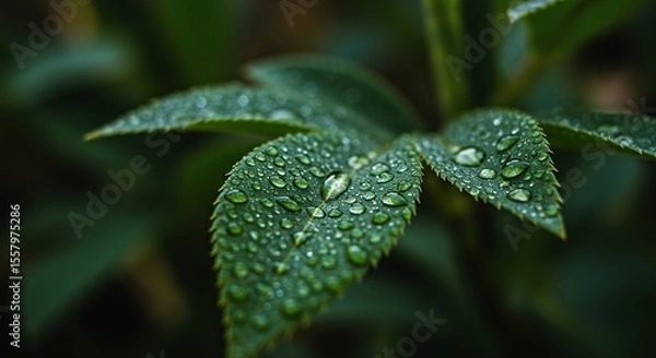 Fototapeta Close-up of a leaf covered in water droplets.