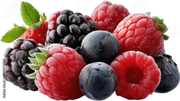 Fototapeta Berry Medley: A close-up studio shot of a mixed berry arrangement with rich, saturated colors, perfect for illustrating the freshness and vibrant flavors of nature's candy.