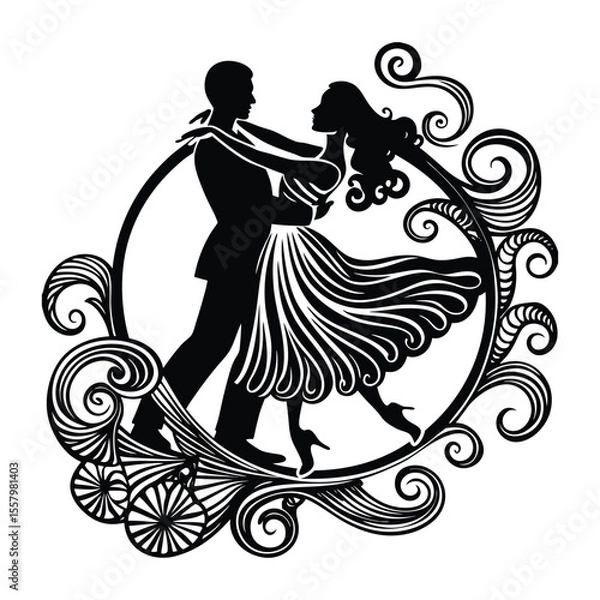 Fototapeta Silhouetted retro woman and man dance the Charleston with flair—kicking, twirling, and swinging in 1920s style, full of vintage energy and jazz-age rhythm.
