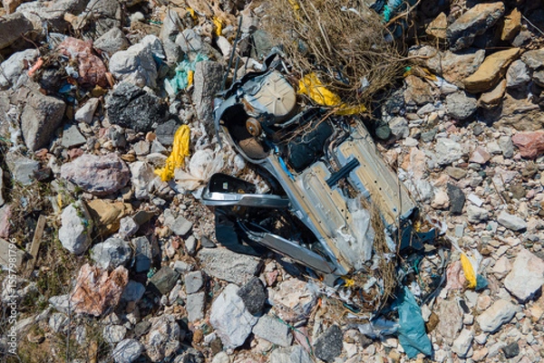 Fototapeta Overturned vehicle among rocky debris, emphasizing environmental impact and industrial waste. captivating view highlights destruction's stark contrast with rugged terrain.