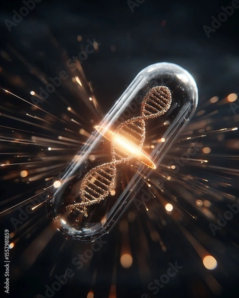 Fototapeta DNA floats in the center of a ruptured capsule, with light exploding out in a radius, representing life force and transformation.