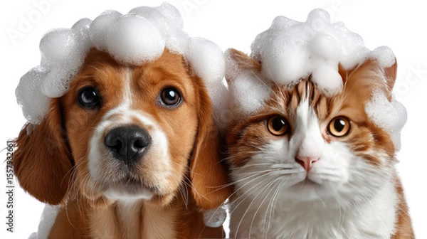 Fototapeta Dog and Cat Bath Time: A heartwarming scene of a dog and cat covered in fluffy bubbles, looking adorable and clean, ready for a fresh start.