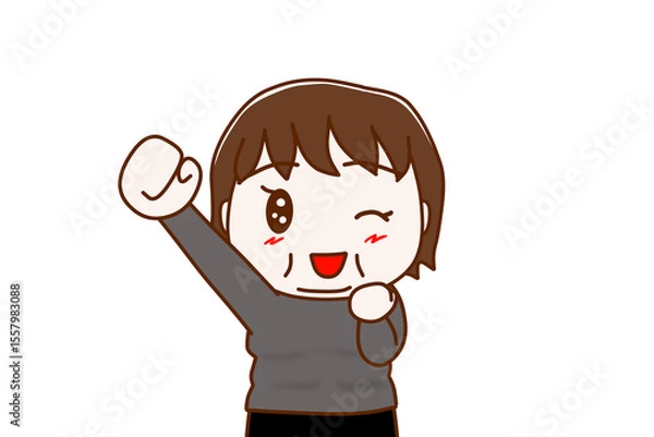 Obraz （上半身正面）やったーと片手をあげて笑顔でウインクする太った女性