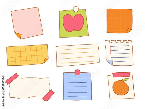 Fototapeta Doodle Style Memo Paper And Note. A playful collection of hand drawn note papers including sticky notes, taped sheets, grid pages, and torn edges. Perfect for planners, journals, and school projects