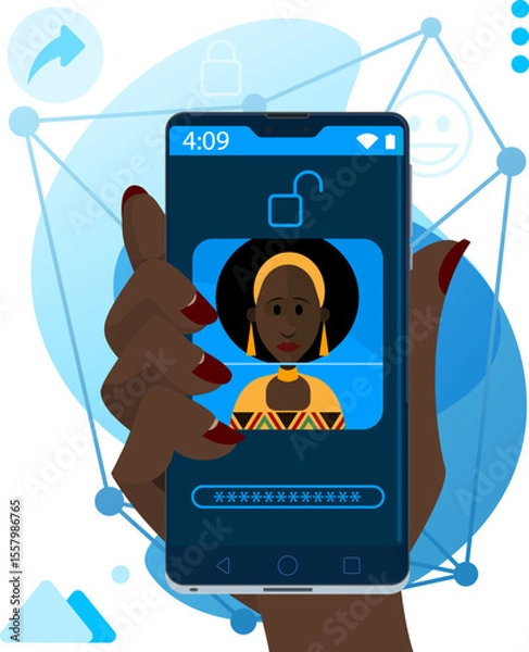 Fototapeta  Reconhecimento facial - Desbloqueio facial de smartphone com mulher africana