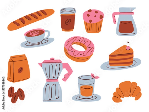 Fototapeta Flat Food And Coffee Icon Illustration. A charming set of flat style food and coffee illustrations including croissant donut espresso coffee maker cake muffin. Perfect for menus and cozy cafe graphics