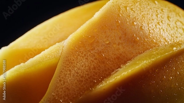 Fototapeta Close-up of Fresh Mango Slices with Water Droplets Shining Against Black