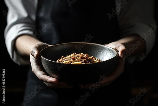 Obraz A chef holding up an elegant bowl of pasta with meat sauce, dark background, focus on the dish and hands, minimalistic style, professional photography, natural lighting, high-resolution digital