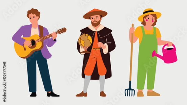 Fototapeta Cartoon Illustration of a Musician, Explorer Holding Globe, and Gardener with Watering Can and Pitchfork